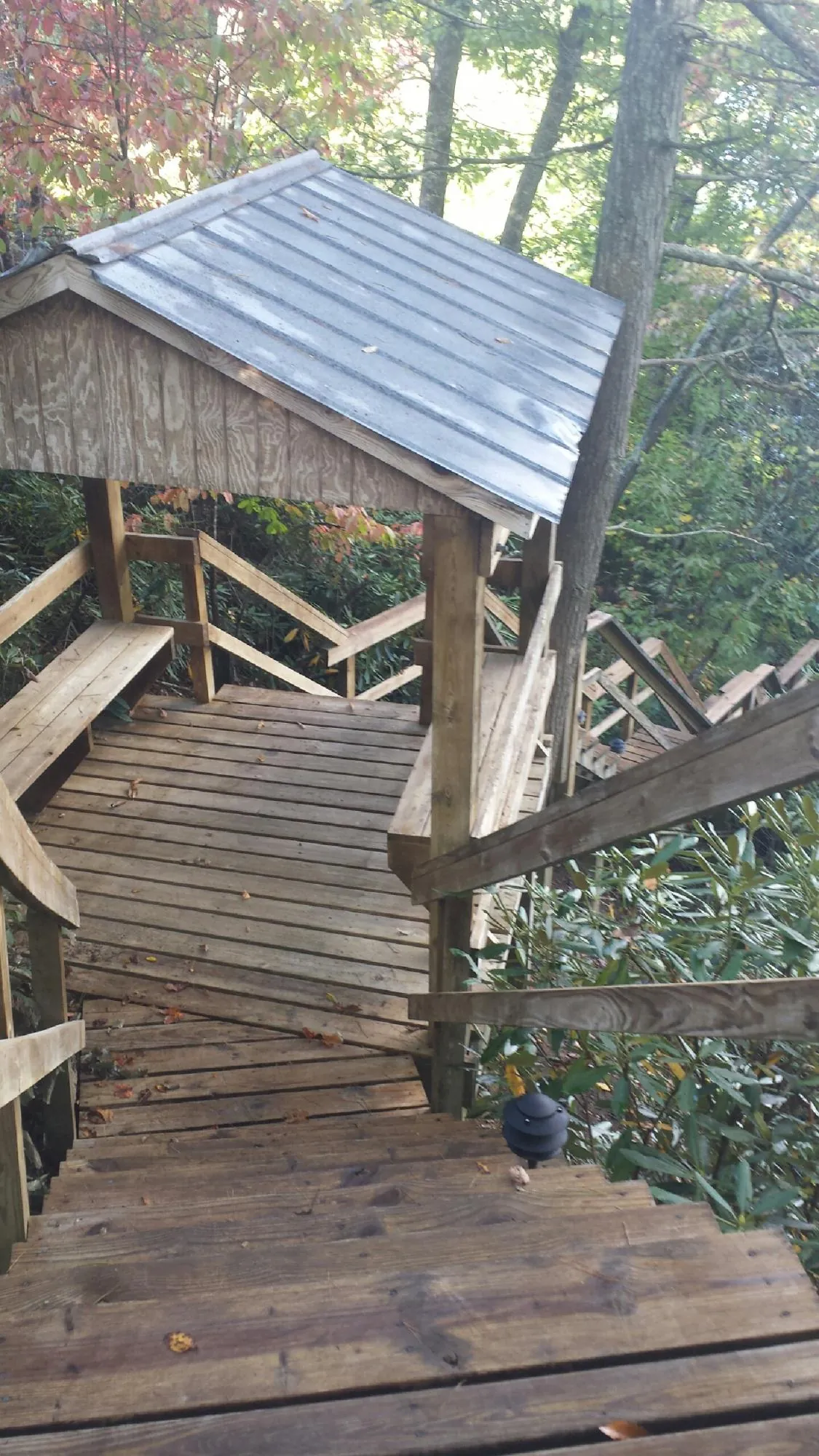 Metal roofed shelter over wooden steps on a wooded walkway — Skylight Repair & Installation work by our crew in Hardwick